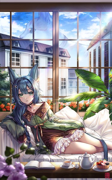 Anime picture 700x1120 with original bbbox (hotpppink) single long hair tall image looking at viewer fringe green eyes signed animal ears payot blue hair sky cloud (clouds) indoors tail lying braid (braids) long sleeves parted lips