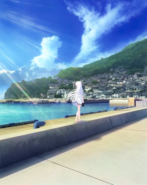 Anime picture 4087x5126 with summer pockets key (studio) naruse shiroha na-ga single long hair tall image highres holding absurdres sky cloud (clouds) full body outdoors white hair pleated skirt barefoot wind from behind sunlight