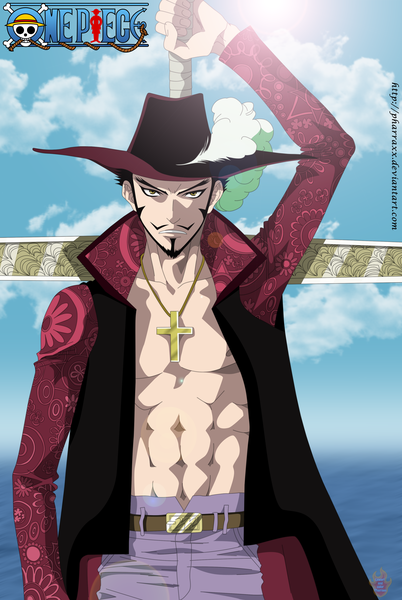 Anime picture 2702x4029 with one piece toei animation dracule mihawk pharraxx single tall image highres short hair black hair brown eyes sky cloud (clouds) sunlight inscription coloring muscle boy weapon hat belt