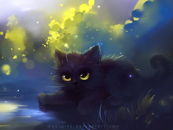 Anime picture 1280x960 with original apofiss yellow eyes cloud (clouds) inscription no people plant (plants) animal cat grass