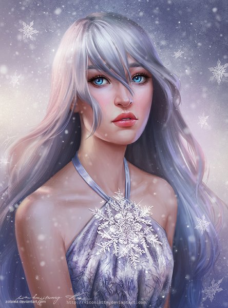 Anime picture 800x1079 with zolaida (artist) viccolatte single long hair tall image blue eyes bare shoulders signed silver hair lips realistic snowing winter girl snowflake (snowflakes)