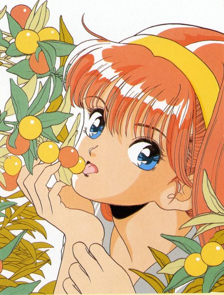 Anime picture 1024x1349 with ujin single tall image looking at viewer short hair blue eyes simple background white background scan orange hair girl food hairband tongue berry (berries)