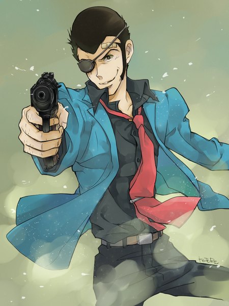 Anime picture 729x971 with lupin iii arsene lupin iii nagisa-a single tall image short hair black hair smile signed upper body black eyes open jacket open collar smirk bandaid on face boy weapon shirt necktie jacket
