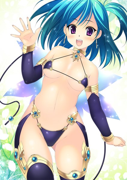 Anime picture 723x1023 with original kinoshita ichi single tall image blush short hair breasts open mouth light erotic purple eyes blue hair ass visible through thighs girl thighhighs navel black thighhighs swimsuit detached sleeves earrings bikini