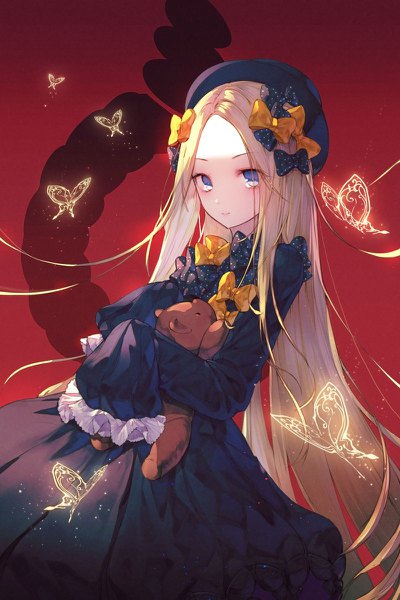 Anime picture 800x1200 with fate (series) fate/grand order abigail williams (fate) kh (kh 1128) single long hair tall image looking at viewer blue eyes simple background blonde hair long sleeves shaded face red background white skin girl dress bow hair bow hat