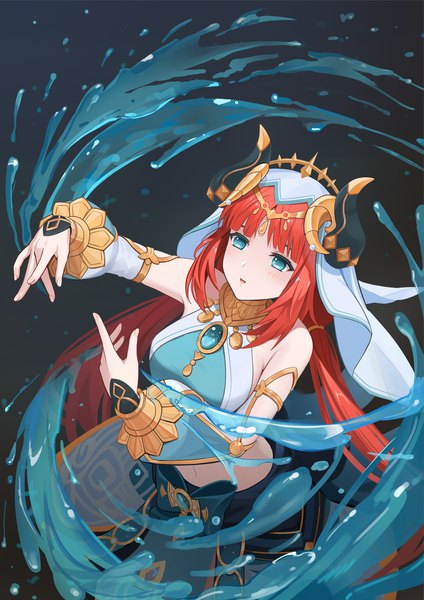 Anime-Bild 1920x2716 mit genshin impact nilou (genshin impact) egert single long hair tall image blush fringe highres breasts large breasts twintails looking away red hair blunt bangs long sleeves horn (horns) aqua eyes from above midriff