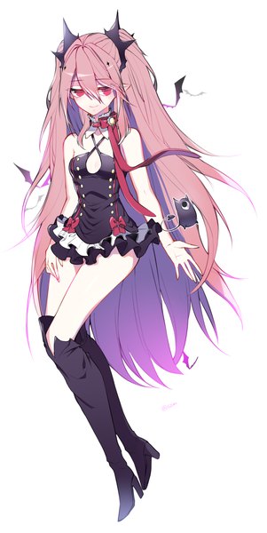 Anime picture 1220x2429 with owari no seraph wit studio kururu tepes s2obo single tall image looking at viewer fringe simple background smile hair between eyes red eyes white background pink hair very long hair pointy ears high heels sleeveless girl dress