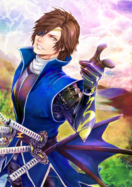 Anime picture 1000x1414 with sengoku basara production i.g date masamune aratako single tall image short hair smile brown hair yellow eyes teeth mountain sharp teeth pointing lightning boy gloves weapon sword armor