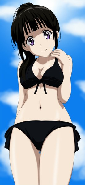 Anime picture 459x1000 with hyouka kyoto animation chitanda eru cp9a single long hair tall image looking at viewer breasts light erotic black hair purple eyes sky cloud (clouds) ponytail girl navel swimsuit bikini black bikini