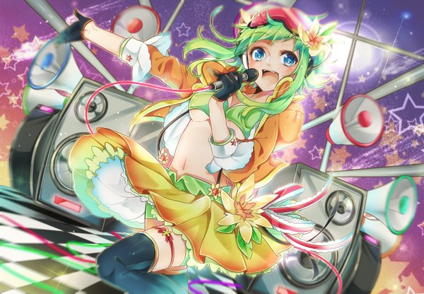Anime picture 1500x1041 with vocaloid gumi nou single long hair open mouth blue eyes light erotic hair flower green hair open clothes open jacket midriff girl thighhighs skirt gloves navel hair ornament black thighhighs