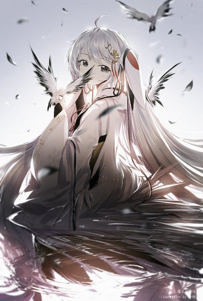 Anime picture 1014x1500 with vocaloid hatsune miku yuki miku yuki miku (2018) lengchan (fu626878068) single tall image looking at viewer fringe sitting twintails signed silver hair ahoge very long hair long sleeves traditional clothes japanese clothes black eyes wide sleeves