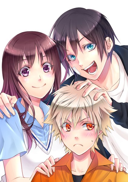 Anime picture 705x1000 with noragami studio bones yato (noragami) iki hiyori yukine (noragami) mana nozuki tall image looking at viewer blush fringe open mouth simple background blonde hair smile brown hair white background purple eyes looking away purple hair aqua eyes