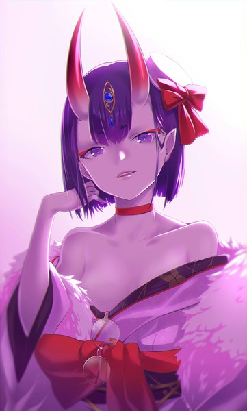 Anime picture 714x1186 with fate (series) fate/grand order shuten douji (fate) kurobuchi numama single tall image looking at viewer short hair breasts open mouth light erotic purple eyes bare shoulders purple hair upper body traditional clothes parted lips japanese clothes horn (horns) pointy ears