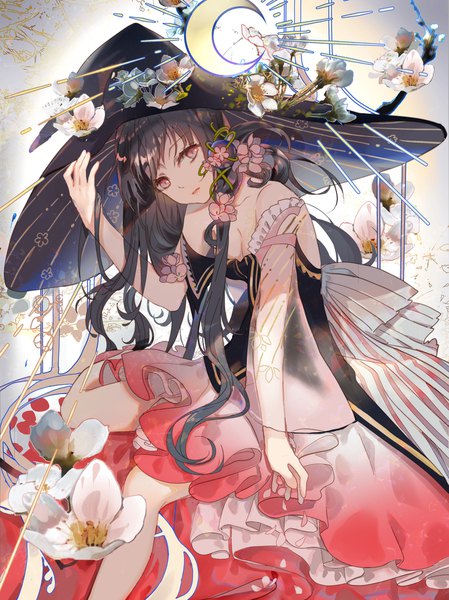 Anime picture 1370x1830 with shadowverse original fre single long hair tall image looking at viewer fringe breasts black hair red eyes sitting bare shoulders cleavage bent knee (knees) head tilt arm up hair flower bare legs cherry blossoms