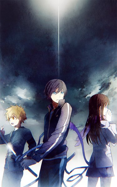 Anime picture 625x1000 with noragami studio bones yato (noragami) iki hiyori yukine (noragami) takerusilt long hair tall image fringe short hair open mouth blue eyes black hair blonde hair hair between eyes brown hair looking away sky cloud (clouds) tail