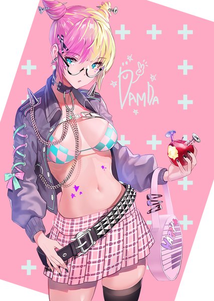 Anime picture 711x1000 with original damda single tall image looking at viewer blush fringe short hair breasts open mouth blue eyes light erotic simple background blonde hair hair between eyes large breasts holding signed payot pink hair