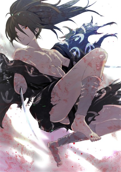 Anime picture 1191x1684 with dororo (tezuka) hyakkimaru (dororo) uenoryoma single long hair tall image fringe light erotic black hair simple background bare shoulders looking away full body bent knee (knees) ponytail traditional clothes japanese clothes barefoot hair over one eye orange eyes