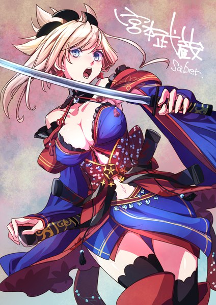Anime picture 707x1000 with fate (series) fate/grand order miyamoto musashi (fate) butano (star-dust boxxx) single long hair tall image looking at viewer blush fringe breasts open mouth blue eyes light erotic simple background blonde hair hair between eyes large breasts standing bare shoulders