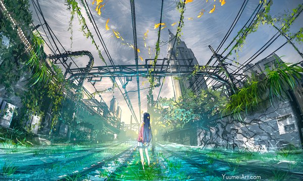 Anime picture 2000x1195 with original yuumei single long hair highres black hair wide image standing sky full body eyes closed pleated skirt bare legs watermark scenic ruins girl skirt plant (plants) miniskirt