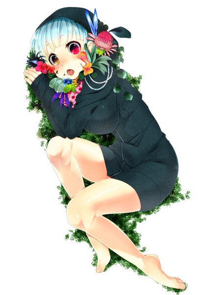 Anime picture 1157x1637 with original skull.03 tall image blush short hair open mouth blue hair barefoot legs heterochromia girl flower (flowers) hood