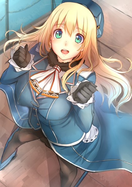 Anime picture 1414x2000 with kantai collection atago heavy cruiser akasaai single long hair tall image looking at viewer open mouth light erotic blonde hair green eyes light smile from above looking up girl gloves uniform pantyhose