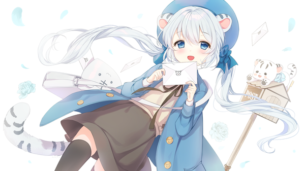 Anime picture 1920x1080 with original haruri single long hair looking at viewer blush fringe highres open mouth blue eyes simple background hair between eyes wide image white background twintails holding animal ears silver hair tail :d