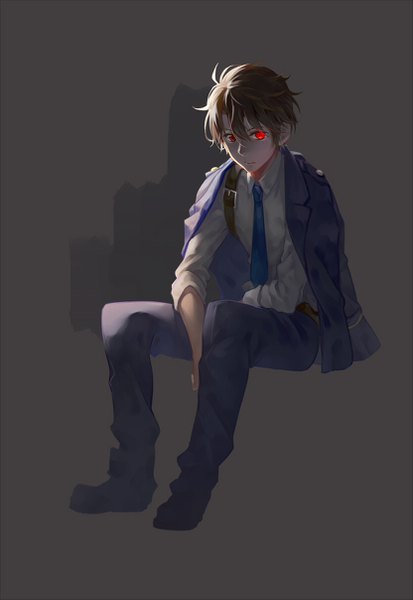 Anime picture 831x1207 with aldnoah.zero a-1 pictures kaizuka inaho arblest00 single tall image looking at viewer fringe short hair simple background hair between eyes red eyes brown hair sitting bent knee (knees) grey background glowing glowing eye (eyes) clothes on shoulders twisty sleeves