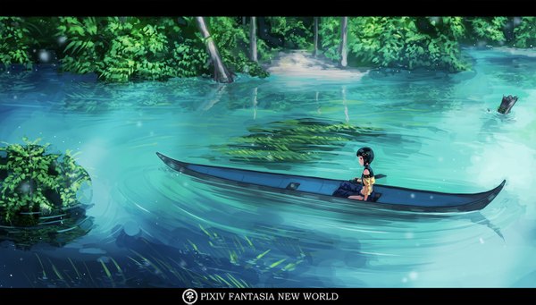 Anime picture 1500x853 with original deras single looking at viewer short hair black hair red eyes wide image sitting girl hair ornament plant (plants) tree (trees) water grass forest watercraft boat