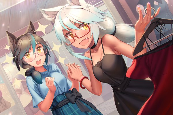 Anime picture 1920x1280 with original virtual youtuber roku-chan and kuro (qttsix) rotix long hair looking at viewer blush fringe highres open mouth hair between eyes brown hair standing bare shoulders multiple girls holding animal ears yellow eyes payot white hair