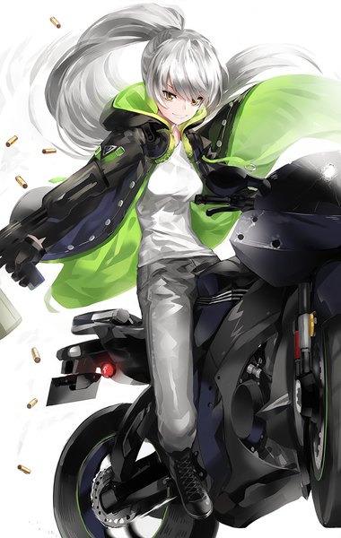 Anime-Bild 746x1175 mit girls frontline aek-999 (girls frontline) kfr single long hair tall image looking at viewer fringe breasts simple background smile hair between eyes white background sitting holding yellow eyes silver hair ponytail long sleeves open clothes