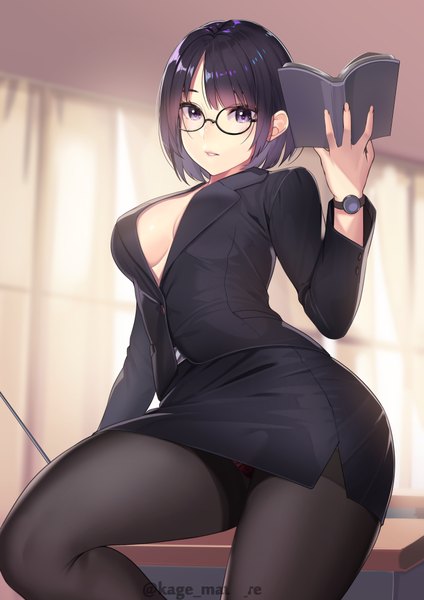 Anime picture 1447x2046 with original kagematsuri single tall image looking at viewer blush fringe short hair breasts light erotic large breasts sitting purple eyes holding signed purple hair indoors parted lips no bra twitter username