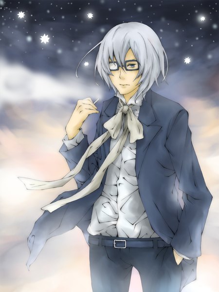 Anime picture 1125x1500 with tegami bachi largo lloyd tamaki iori single tall image looking at viewer fringe short hair hair between eyes standing holding silver hair open clothes grey eyes hand in pocket boy glasses belt cigarette