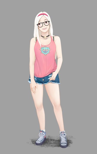 Anime picture 1299x2048 with original mio (jubi) jubi (regiana) single long hair tall image smile standing brown eyes signed looking away full body white hair parted lips lips bare legs girl choker glasses shoes