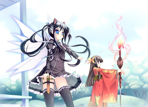 Anime picture 1800x1300 with natsumiya yuzu long hair highres blue eyes black hair twintails multiple girls animal ears japanese clothes hair flower cat ears girl thighhighs dress hair ornament weapon black thighhighs 2 girls wings kimono