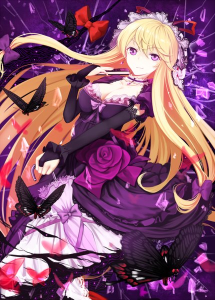 Anime picture 1076x1500 with touhou yakumo yukari cloudy.r single long hair tall image looking at viewer blonde hair purple eyes closed umbrella girl dress flower (flowers) bow hair bow insect butterfly umbrella bonnet