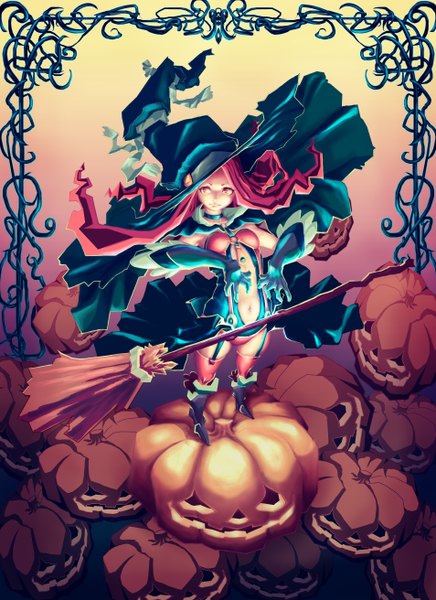 Anime picture 1908x2624 with original mubouou aasaa tall image highres breasts smile yellow eyes pink hair witch thighhighs gloves elbow gloves witch hat vegetables broom pumpkin
