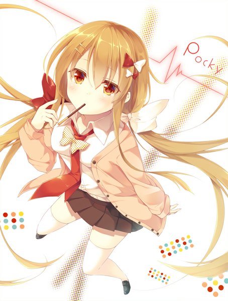Anime picture 775x1023 with original toosaka asagi single long hair tall image looking at viewer blush blonde hair twintails brown eyes zettai ryouiki pocky day girl thighhighs skirt bow hair bow white thighhighs necktie food