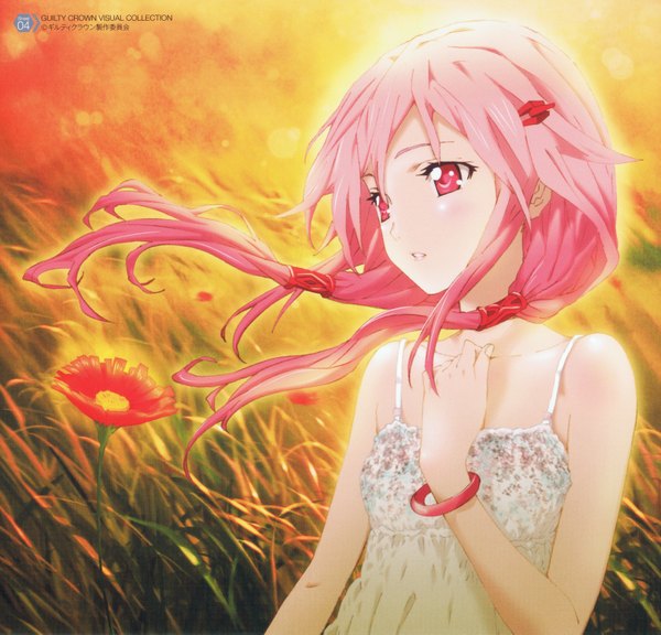 Anime picture 7156x6874 with guilty crown production i.g yuzuriha inori single long hair fringe highres twintails looking away pink hair absurdres pink eyes wind scan teeth hand on chest wavy hair strap slip girl hair ornament