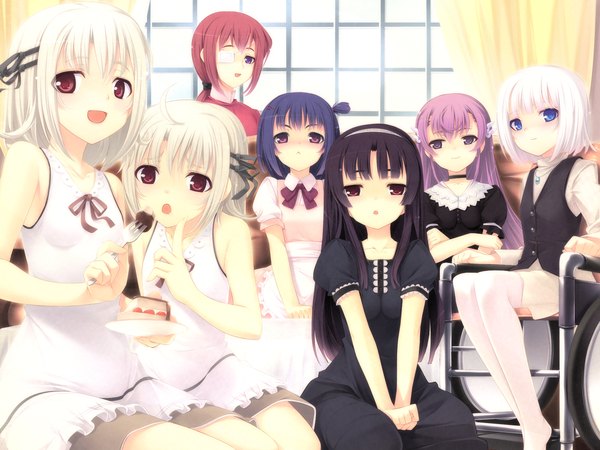 Anime picture 1600x1200 with tenshi no hane wo fumanaide long hair short hair blue eyes black hair red eyes purple eyes multiple girls pink hair game cg white hair red hair 6+ girls 7 girls girl dress