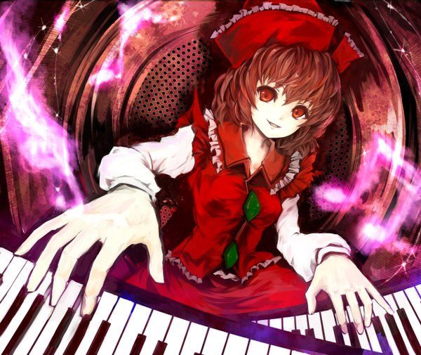 Anime picture 1276x1074 with touhou lyrica prismriver chagu single looking at viewer short hair smile red eyes brown hair girl dress hat piano