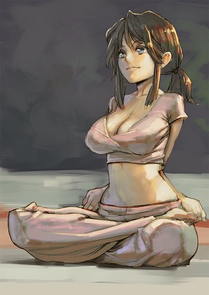 Anime picture 707x1000 with original aro (charged time out) single long hair tall image breasts blue eyes brown hair large breasts sitting looking away ponytail barefoot bare belly hands behind back yoga girl