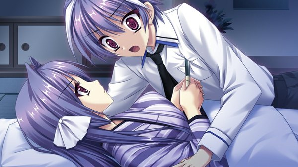 Anime picture 1024x576 with shion no ketsuzoku (game) long hair short hair open mouth red eyes wide image game cg purple hair girl boy