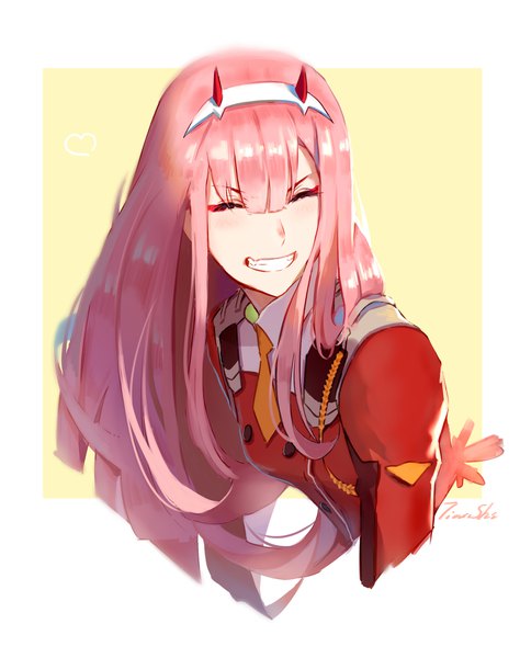 Anime picture 1588x2008 with darling in the franxx studio trigger zero two (darling in the franxx) atianshi single long hair tall image fringe smile signed pink hair upper body eyes closed horn (horns) grin ^ ^ yellow background girl headband