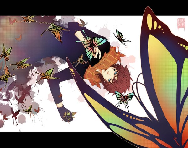 Anime picture 1280x1005 with unodu single short hair blue eyes simple background brown hair lying boy gloves scarf insect butterfly single glove