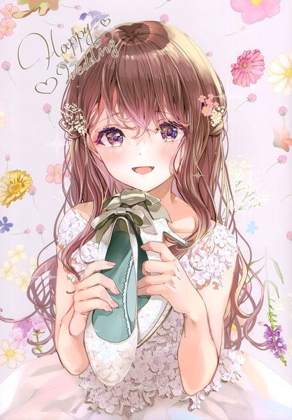 Anime picture 2097x3011 with original puracotte single long hair tall image looking at viewer blush fringe highres open mouth simple background smile hair between eyes brown hair purple eyes holding upper body :d hair flower scan