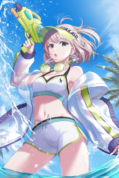 Anime picture 874x1300 with idolmaster idolmaster shiny colors serizawa asahi miyasaka so single tall image looking at viewer fringe short hair open mouth blue eyes light erotic standing holding sky silver hair cloud (clouds) outdoors arm up wind