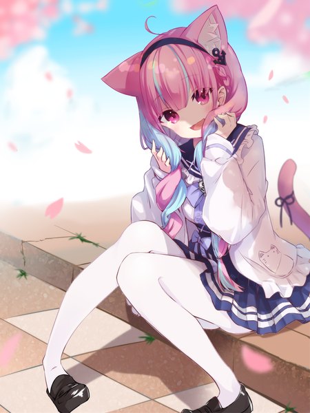 Anime picture 800x1067 with virtual youtuber hololive minato aqua minato aqua (sailor) amagasa nadame single long hair tall image looking at viewer open mouth sitting animal ears pink hair ahoge outdoors tail :d animal tail pink eyes multicolored hair