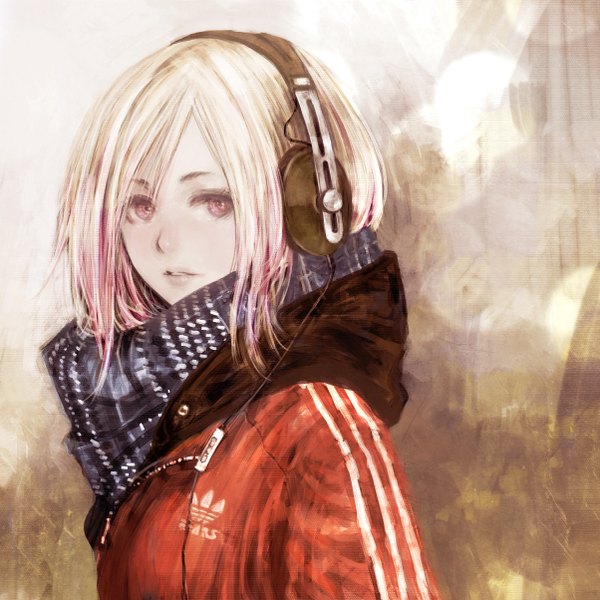 Anime picture 1204x1204 with original adidas sennheiser matagiro single looking at viewer fringe short hair blonde hair pink hair parted lips pink eyes multicolored hair lips gradient hair casual product placement girl jacket headphones