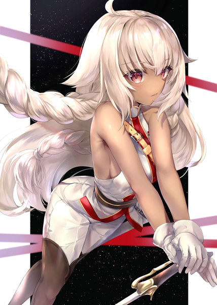 Anime picture 2918x4093 with fate (series) fate/grand order lakshmibai (fate/grand order) hane yuki single long hair tall image looking at viewer blush fringe highres breasts simple background hair between eyes red eyes standing bare shoulders holding ahoge white hair