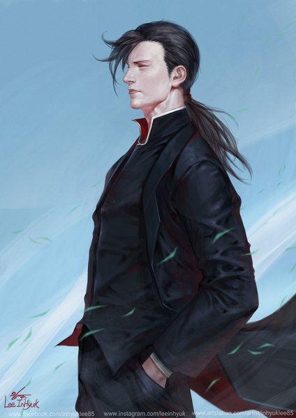 Anime picture 842x1191 with fullmetal alchemist studio bones greed ling yao in-hyuk lee single long hair tall image fringe black hair standing signed sky eyes closed profile wind realistic watermark low ponytail hands in pockets